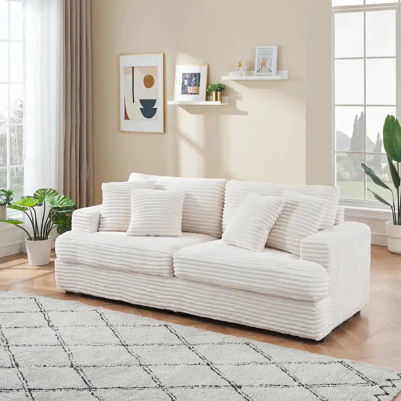 Canapé 3 places en velours côtelé avec coussins à ressorts, 4 coussins décoratifs et pieds en plastique