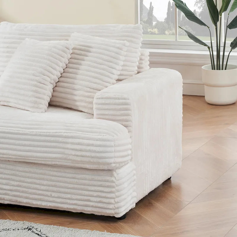 Canapé 3 places en velours côtelé avec coussins à ressorts, 4 coussins décoratifs et pieds en plastique
