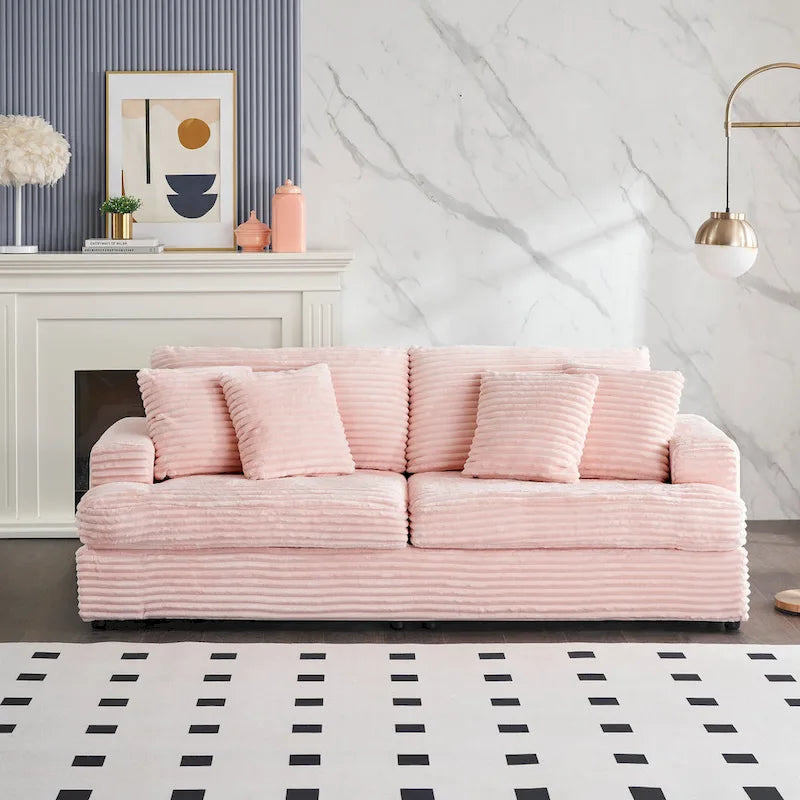 Canapé 3 places en velours côtelé avec coussins à ressorts, 4 coussins décoratifs et pieds en plastique