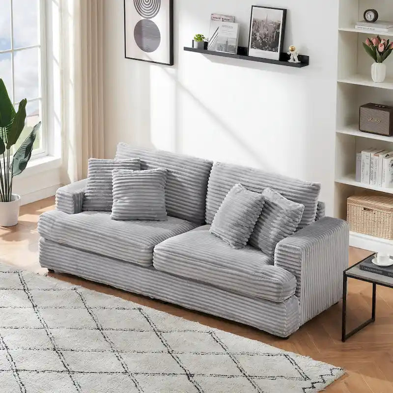 Canapé 3 places en velours côtelé avec coussins à ressorts, 4 coussins décoratifs et pieds en plastique