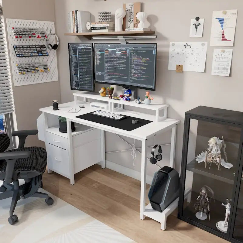 Bureau informatique avec station d'alimentation, supports double écran et tiroirs de rangement