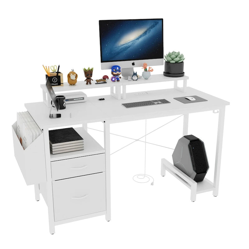 Bureau informatique avec station d'alimentation, supports double écran et tiroirs de rangement