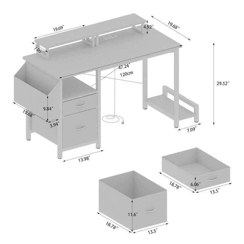 Bureau informatique avec station d'alimentation, supports double écran et tiroirs de rangement