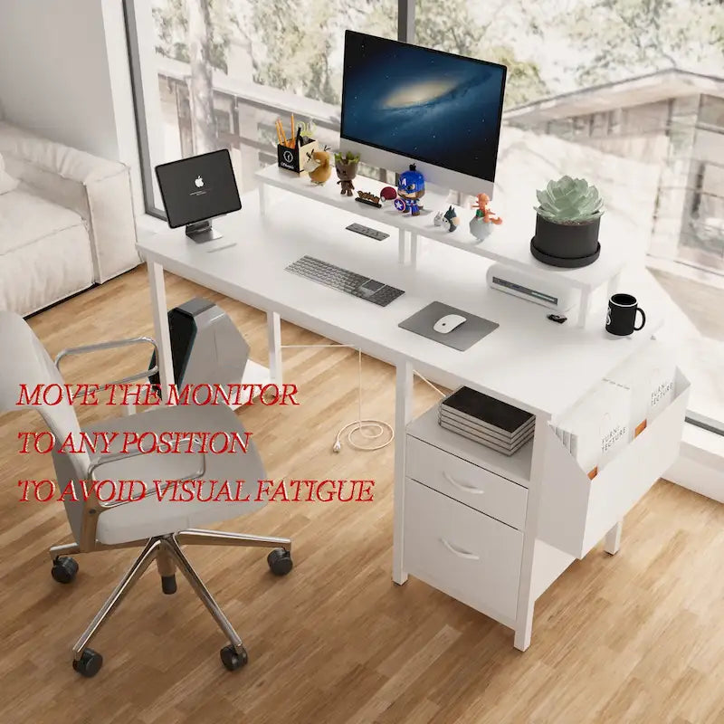 Bureau informatique avec station d'alimentation, supports double écran et tiroirs de rangement