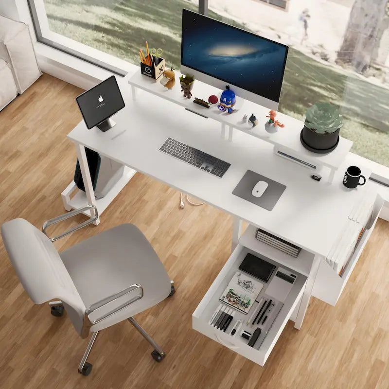 Bureau informatique avec station d'alimentation, supports double écran et tiroirs de rangement