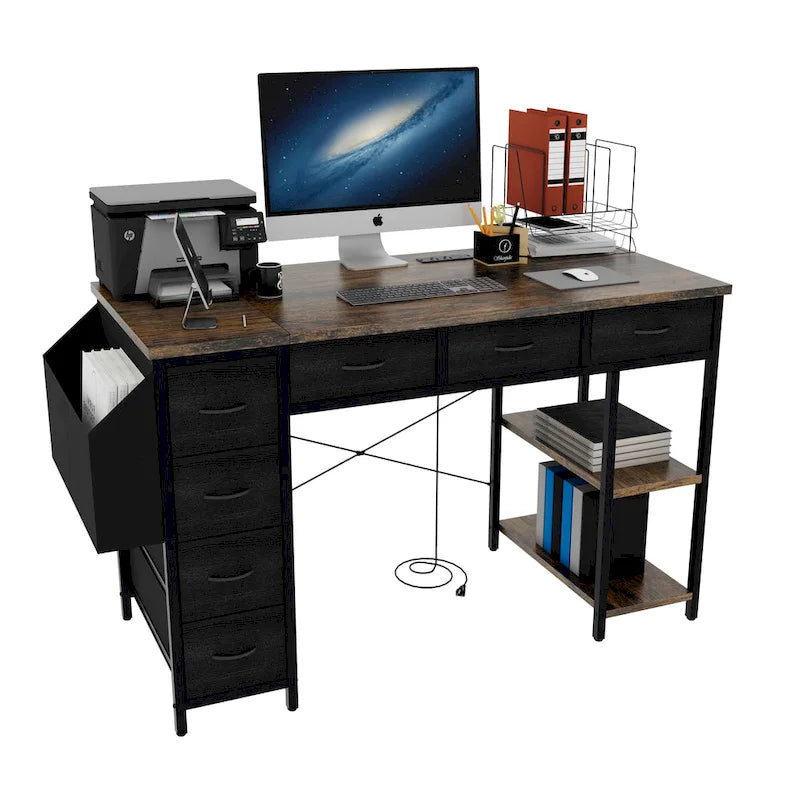 Bureau informatique avec station d'alimentation, supports double écran et tiroirs de rangement