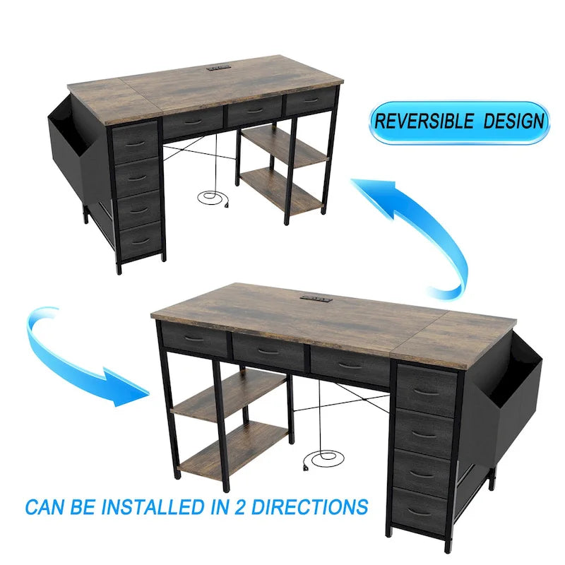 Bureau informatique avec station d'alimentation, supports double écran et tiroirs de rangement