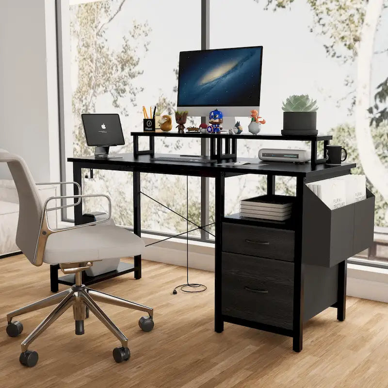 Bureau informatique avec station d'alimentation, supports double écran et tiroirs de rangement