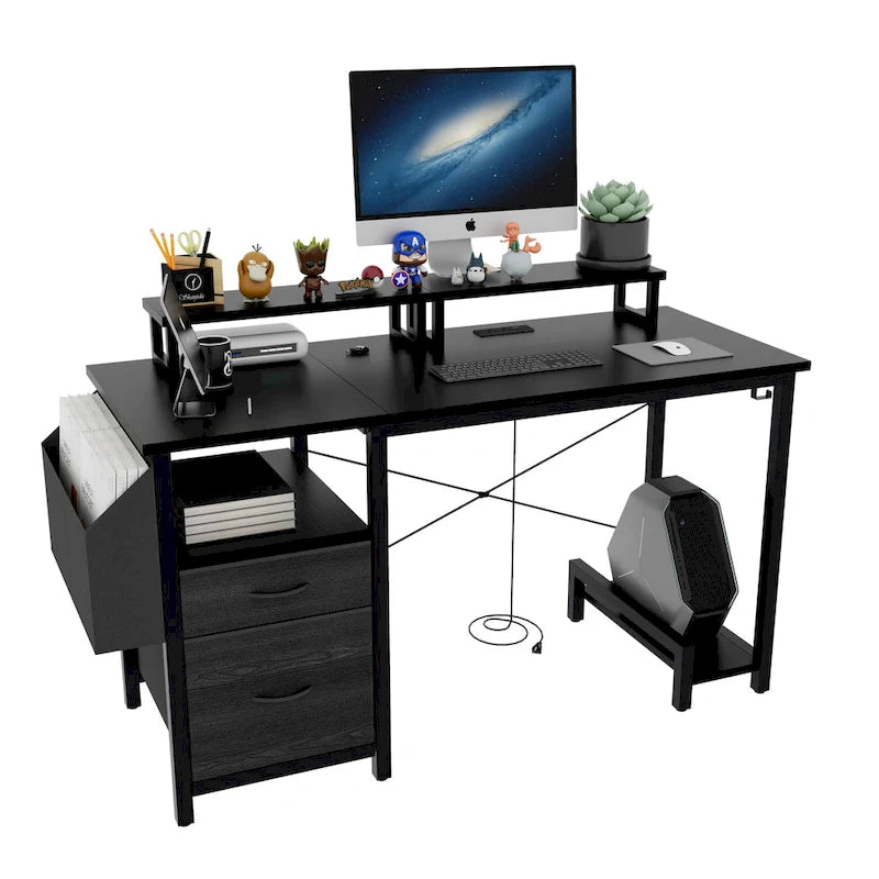 Bureau informatique avec station d'alimentation, supports double écran et tiroirs de rangement