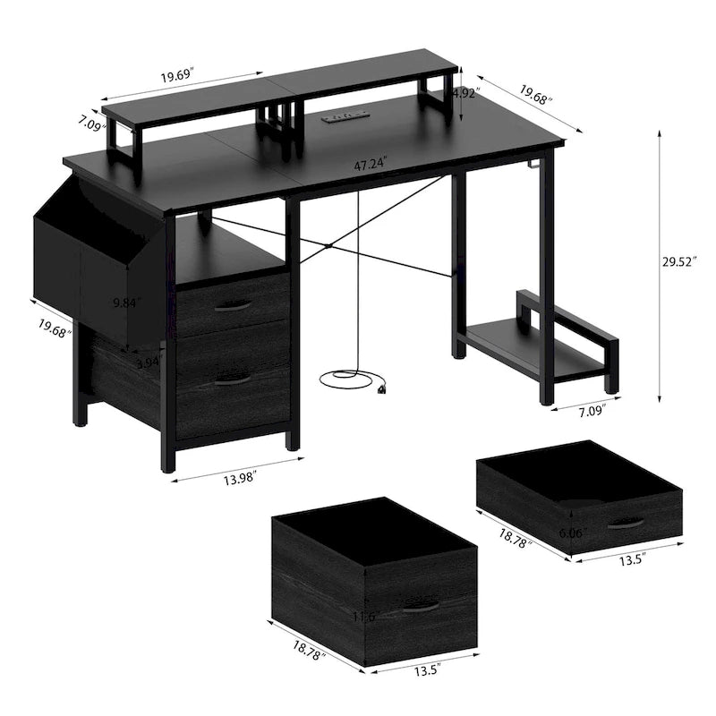 Bureau informatique avec station d'alimentation, supports double écran et tiroirs de rangement