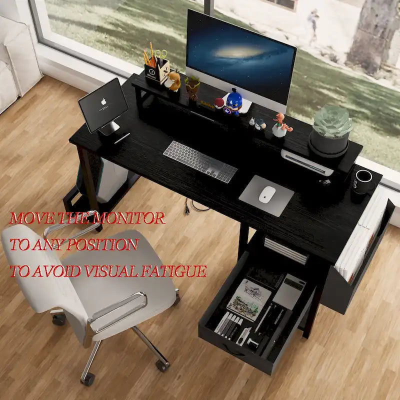 Bureau informatique avec station d'alimentation, supports double écran et tiroirs de rangement