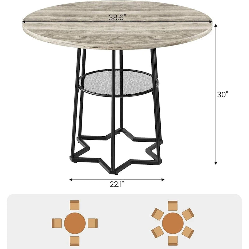 Table à manger ronde avec étagère de rangement sous le plateau – Base métallique hexagonale