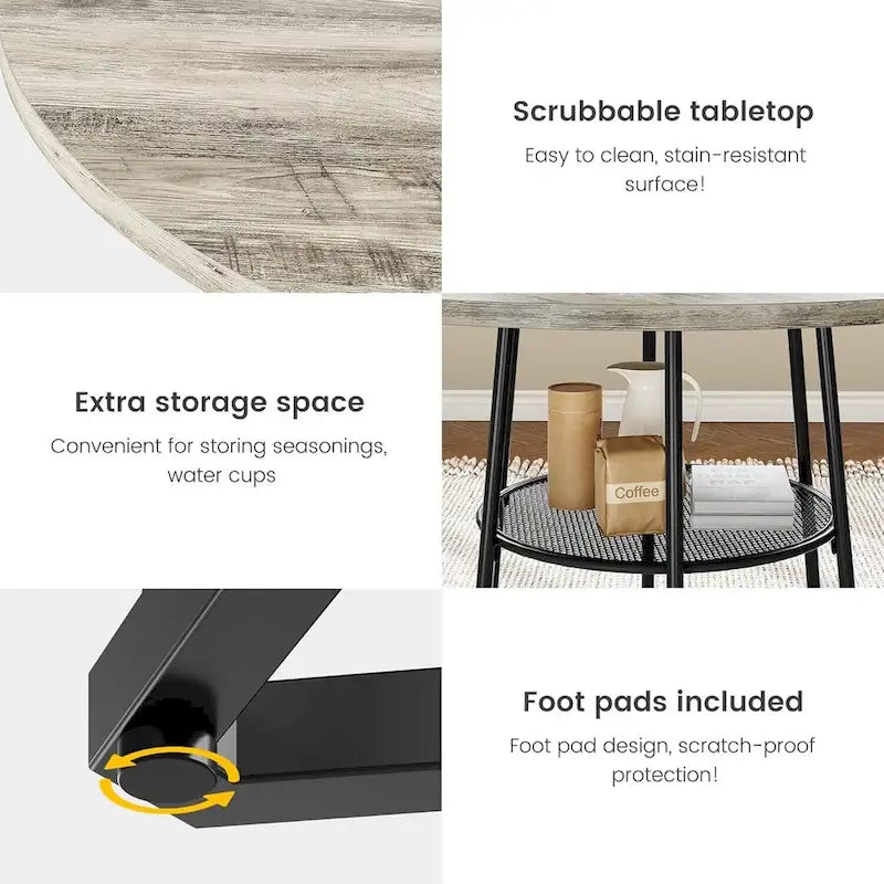 Table à manger ronde avec étagère de rangement sous le plateau – Base métallique hexagonale