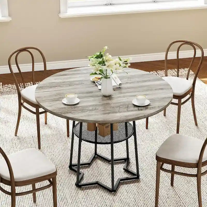 Table à manger ronde avec étagère de rangement sous le plateau – Base métallique hexagonale