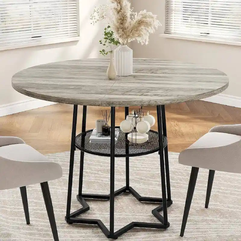 Table à manger ronde avec étagère de rangement sous le plateau – Base métallique hexagonale