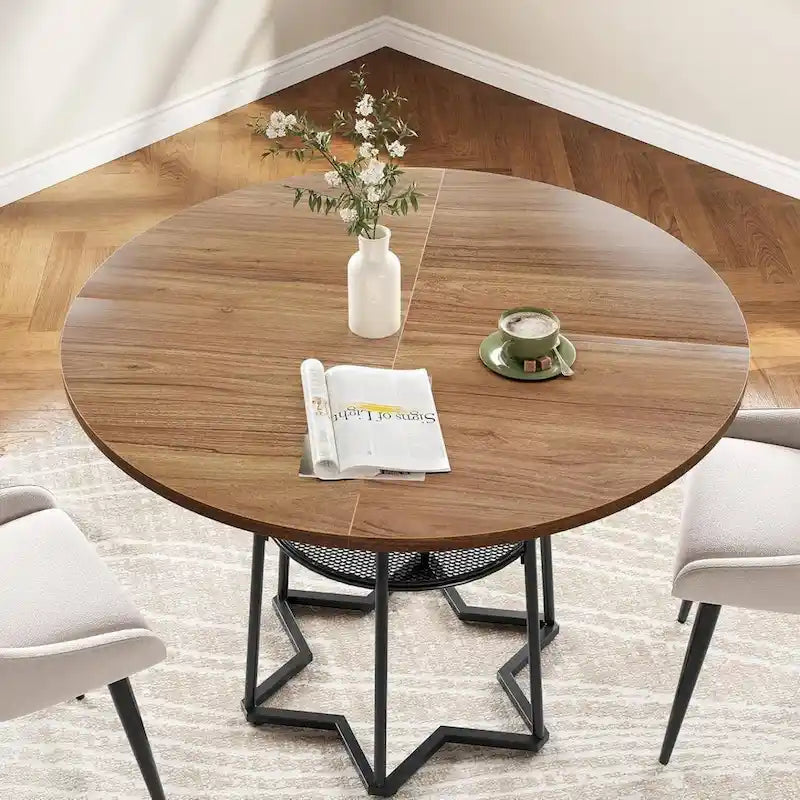Table à manger ronde avec étagère de rangement sous le plateau – Base métallique hexagonale
