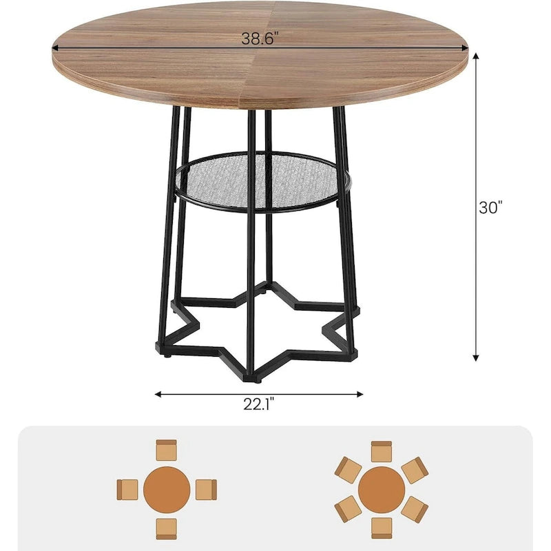 Table à manger ronde avec étagère de rangement sous le plateau – Base métallique hexagonale