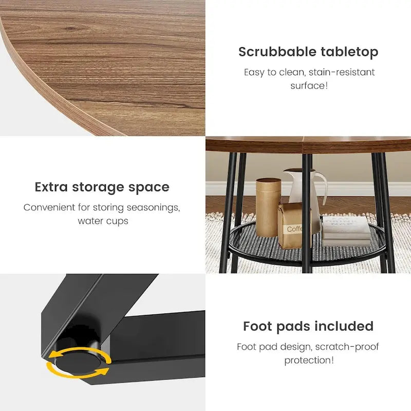 Table à manger ronde avec étagère de rangement sous le plateau – Base métallique hexagonale