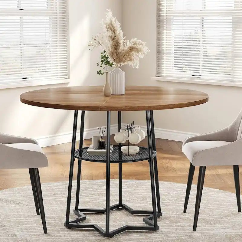 Table à manger ronde avec étagère de rangement sous le plateau – Base métallique hexagonale