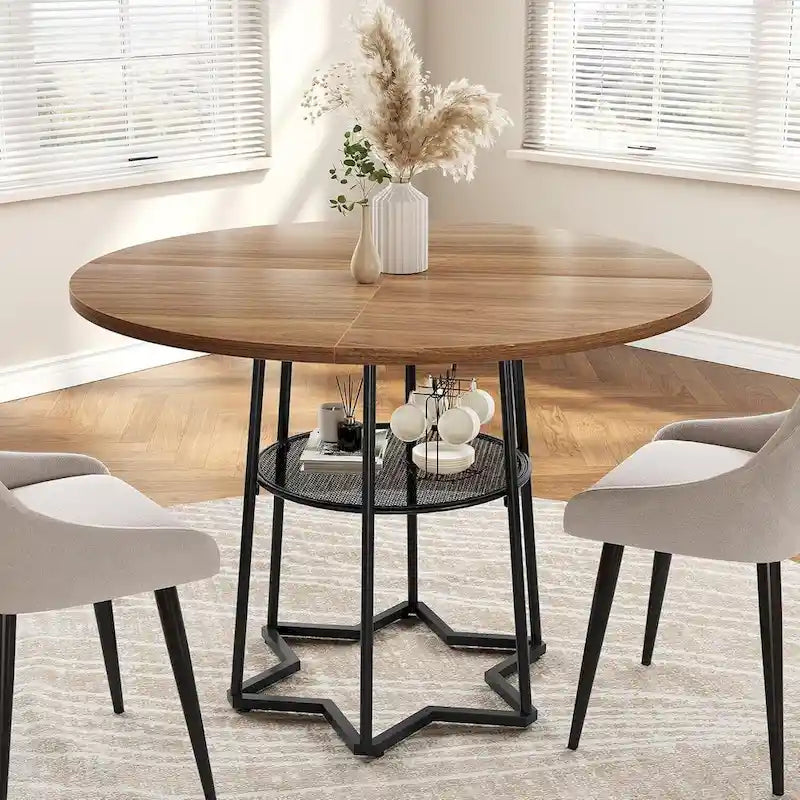 Table à manger ronde avec étagère de rangement sous le plateau – Base métallique hexagonale