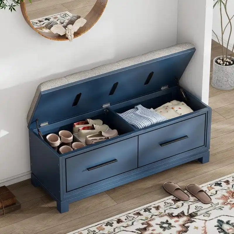 Banc à chaussures de rangement avec coussin amovible, compartiment caché et étagère inférieure