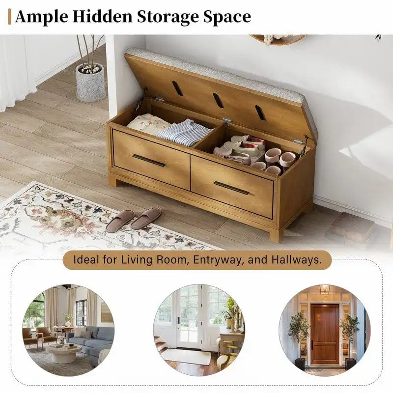 Banc à chaussures de rangement avec coussin amovible, compartiment caché et étagère inférieure