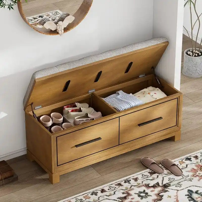 Banc à chaussures de rangement avec coussin amovible, compartiment caché et étagère inférieure