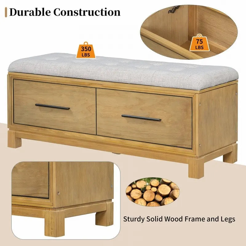 Banc à chaussures de rangement avec coussin amovible, compartiment caché et étagère inférieure