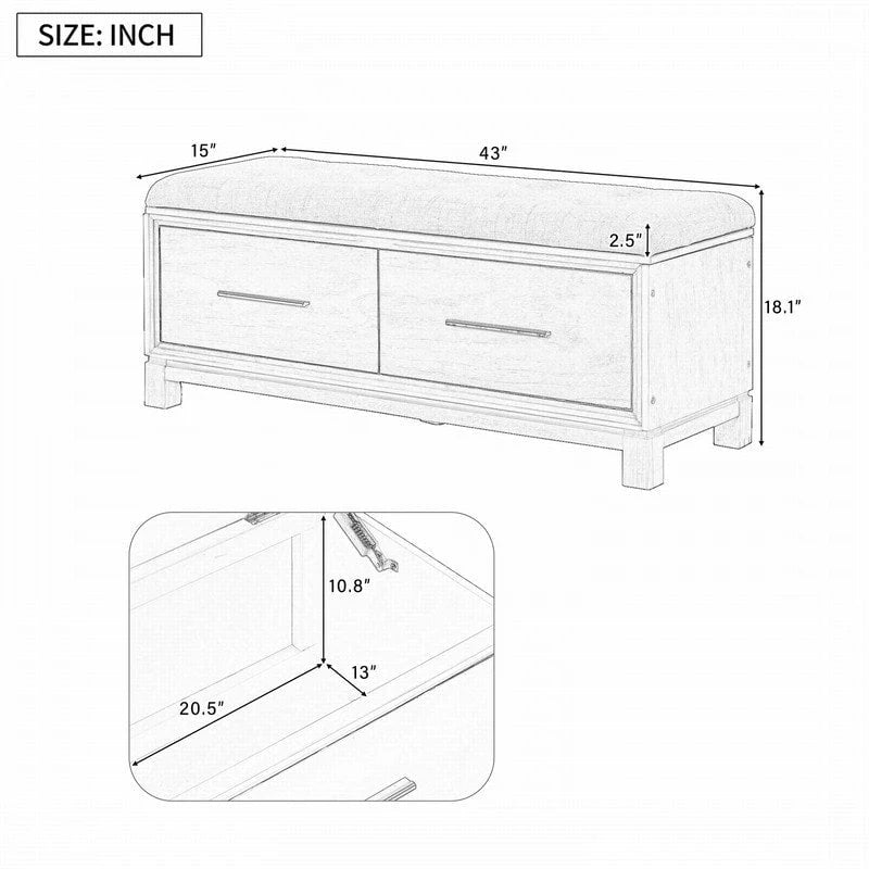 Banc à chaussures de rangement avec coussin amovible, compartiment caché et étagère inférieure