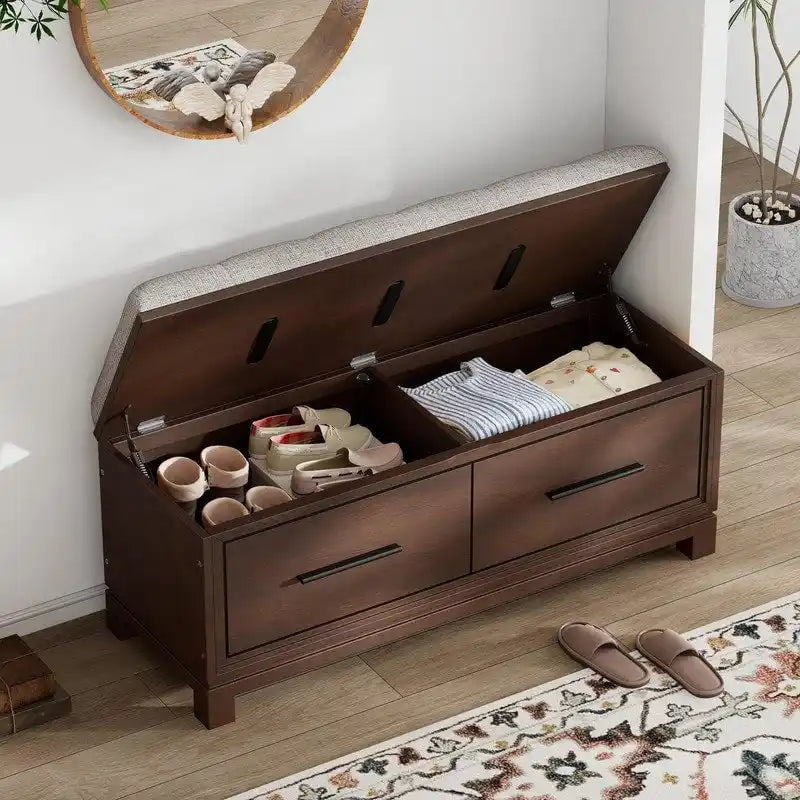 Banc à chaussures de rangement avec coussin amovible, compartiment caché et étagère inférieure