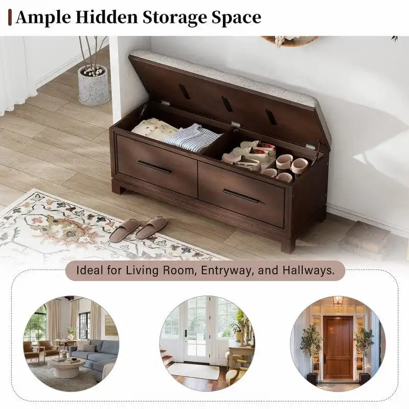 Banc à chaussures de rangement avec coussin amovible, compartiment caché et étagère inférieure
