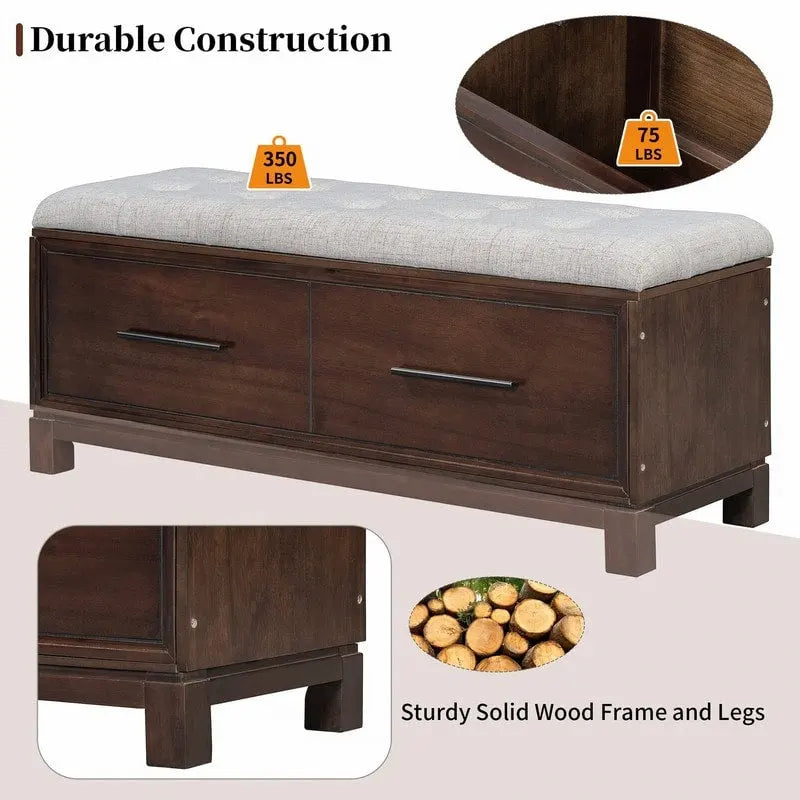 Banc à chaussures de rangement avec coussin amovible, compartiment caché et étagère inférieure