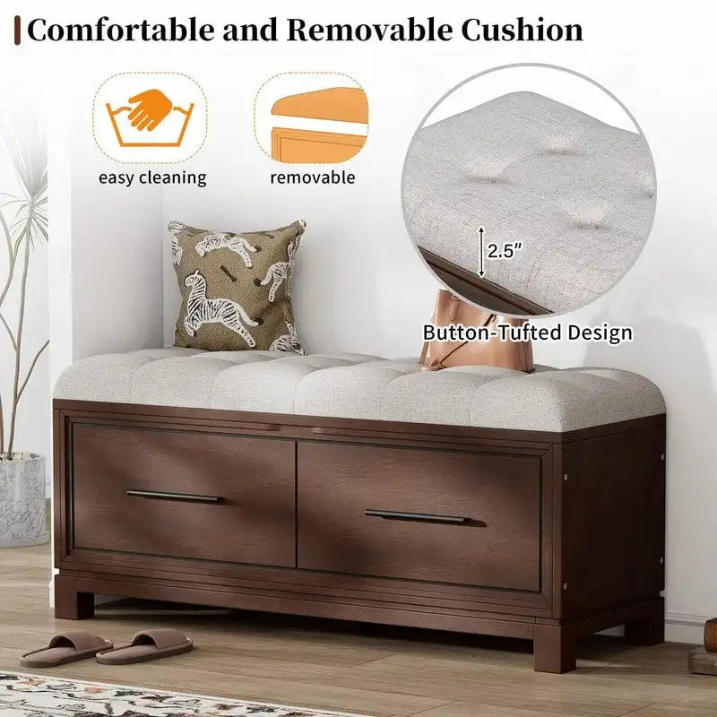 Banc à chaussures de rangement avec coussin amovible, compartiment caché et étagère inférieure