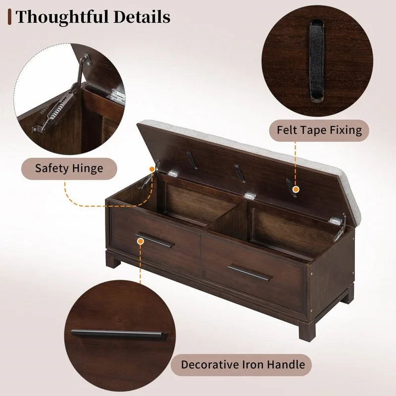 Banc à chaussures de rangement avec coussin amovible, compartiment caché et étagère inférieure