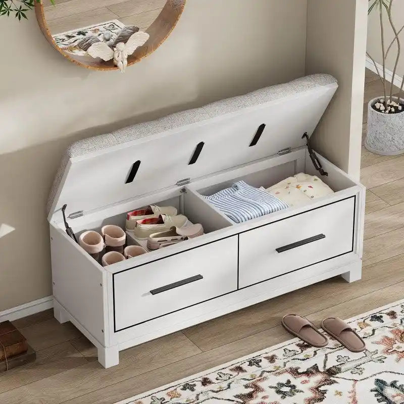 Banc à chaussures de rangement avec coussin amovible, compartiment caché et étagère inférieure