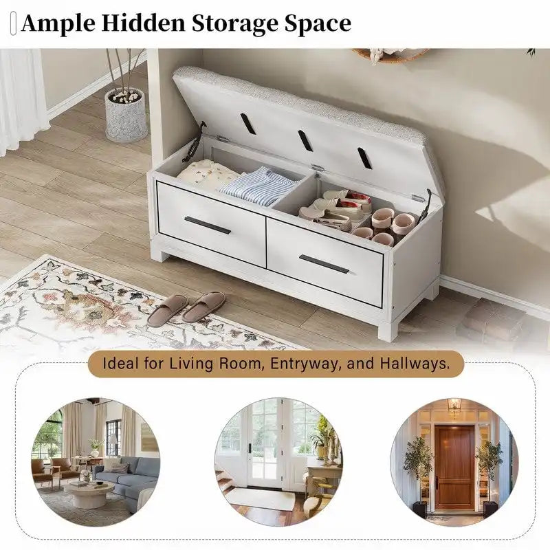 Banc à chaussures de rangement avec coussin amovible, compartiment caché et étagère inférieure