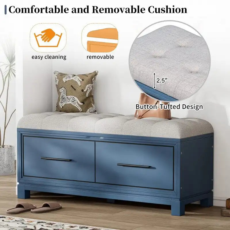 Banc à chaussures de rangement avec coussin amovible, compartiment caché et étagère inférieure