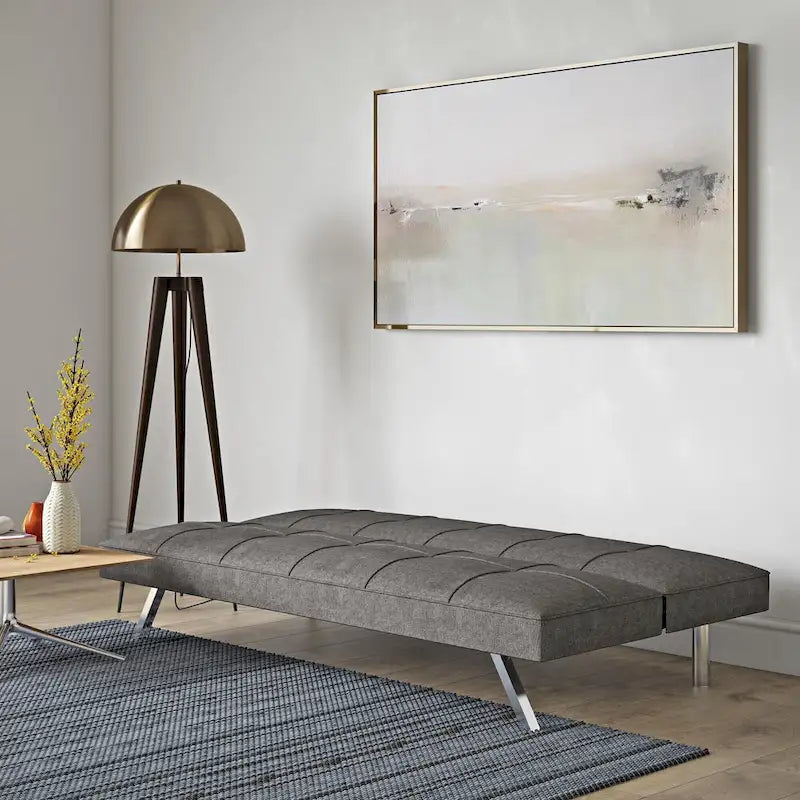 Canapé-lit futon convertible à structure métallique avec pieds en acier inoxydable – Lin gris