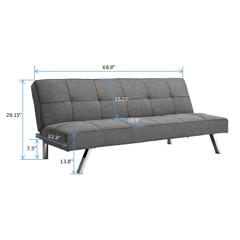Canapé-lit futon convertible à structure métallique avec pieds en acier inoxydable – Lin gris