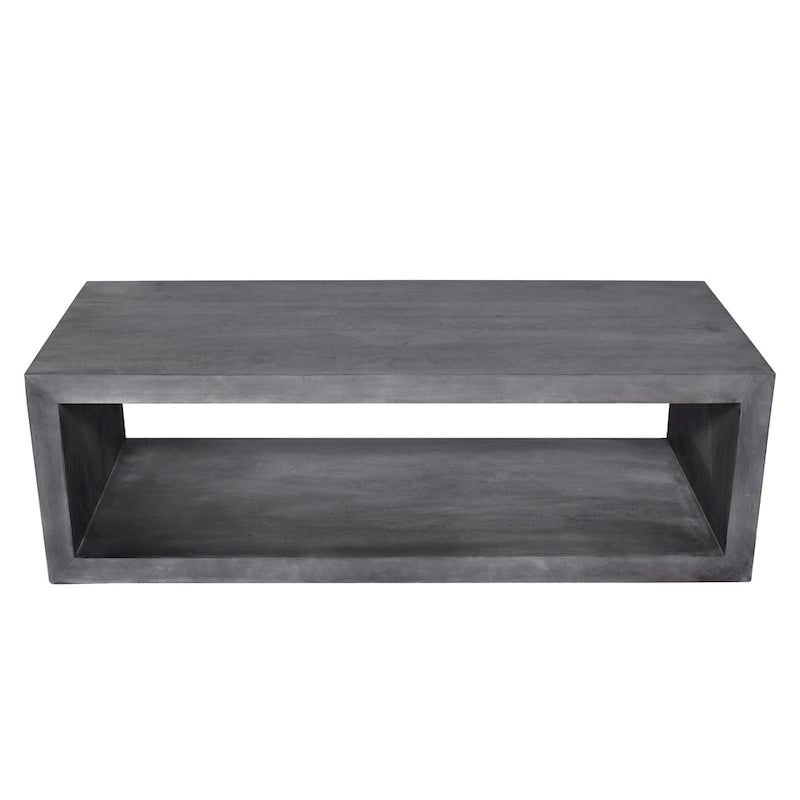 Table basse en bois de manguier de 147 cm avec étagère inférieure ouverte et piètement traîneau gris anthracite