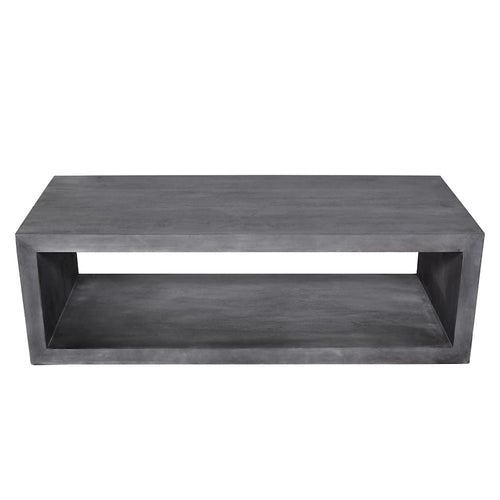 Table basse en bois de manguier de 147 cm avec étagère inférieure ouverte et piètement traîneau gris anthracite