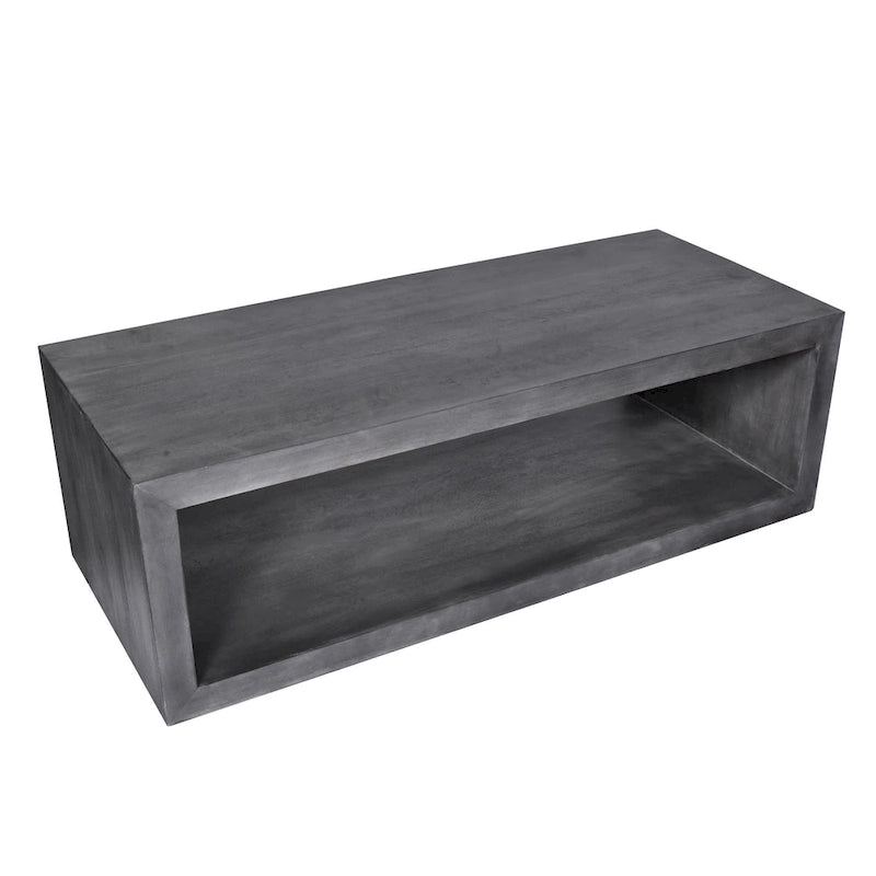 Table basse en bois de manguier de 147 cm avec étagère inférieure ouverte et piètement traîneau gris anthracite