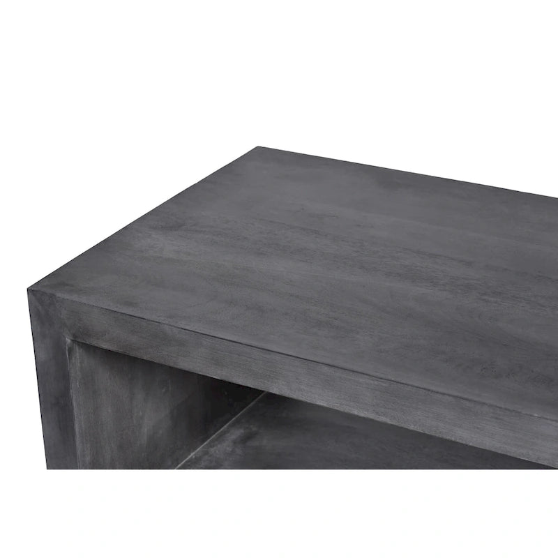 Table basse en bois de manguier de 147 cm avec étagère inférieure ouverte et piètement traîneau gris anthracite