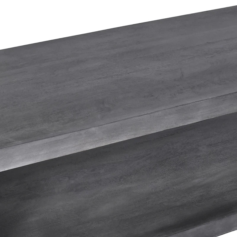 Table basse en bois de manguier de 147 cm avec étagère inférieure ouverte et piètement traîneau gris anthracite