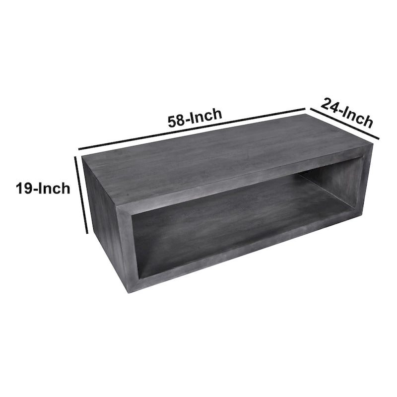 Table basse en bois de manguier de 147 cm avec étagère inférieure ouverte et piètement traîneau gris anthracite