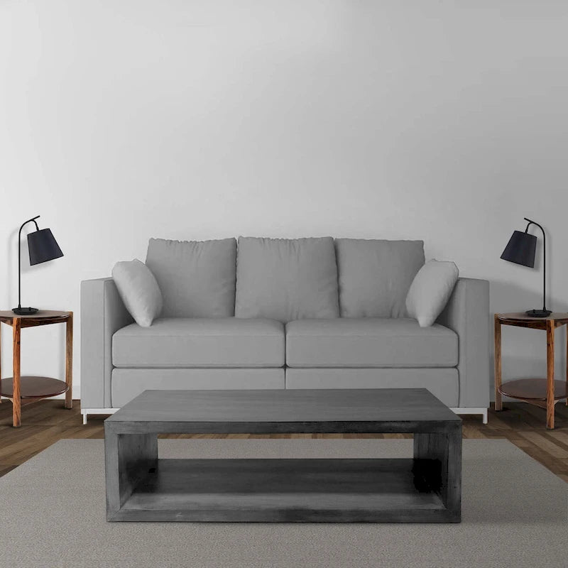Table basse en bois de manguier de 147 cm avec étagère inférieure ouverte et piètement traîneau gris anthracite