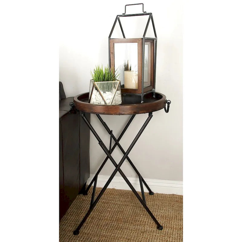 Table d'appoint en métal avec plateau en bois – Piètement en X noir