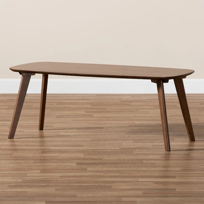 Table basse style moderniste du milieu du siècle en noyer – Bois d'hévéa massif avec pieds inclinés