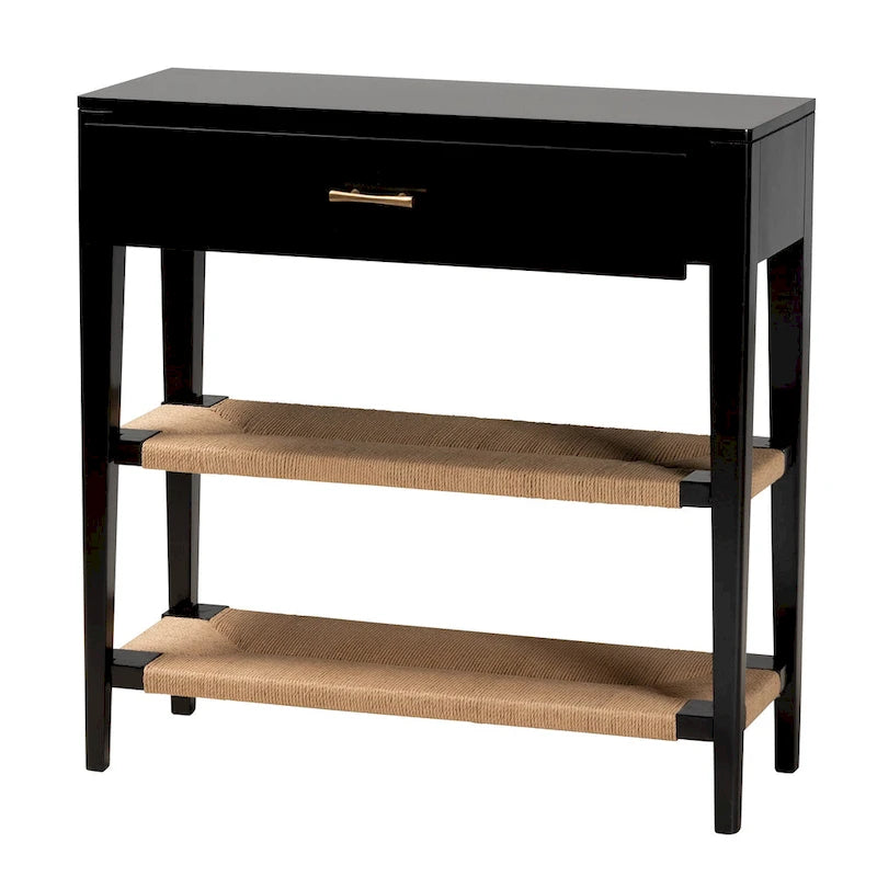 Console bohème moderne avec tiroir et étagères en corde tressée – Noir et naturel