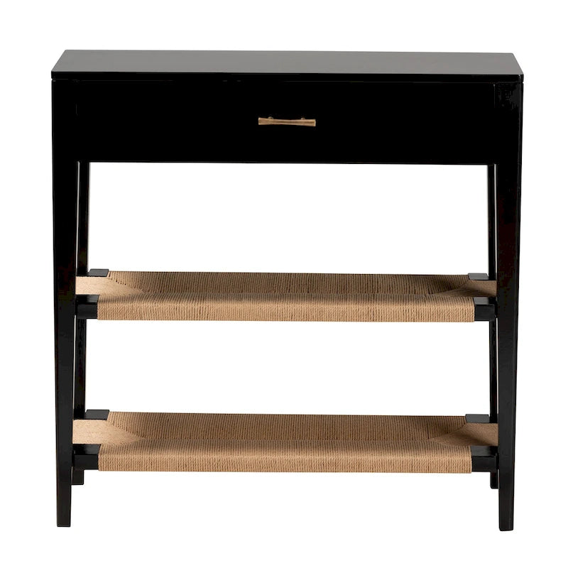 Console bohème moderne avec tiroir et étagères en corde tressée – Noir et naturel